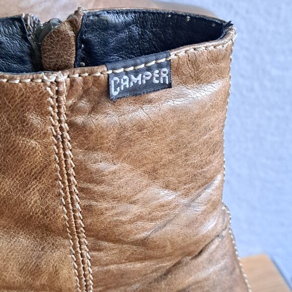 Camper Women’s Brown Leather Ankle Boots Sz 37 Block Heel Crepe Sole Booties - Picture 10 of 14